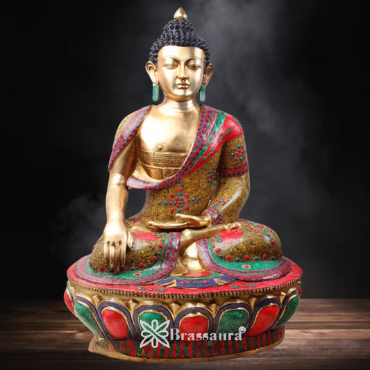 Brass Bhumisprasa Gem Stone Work Buddha Weight 83 kg & Height 46 Inch