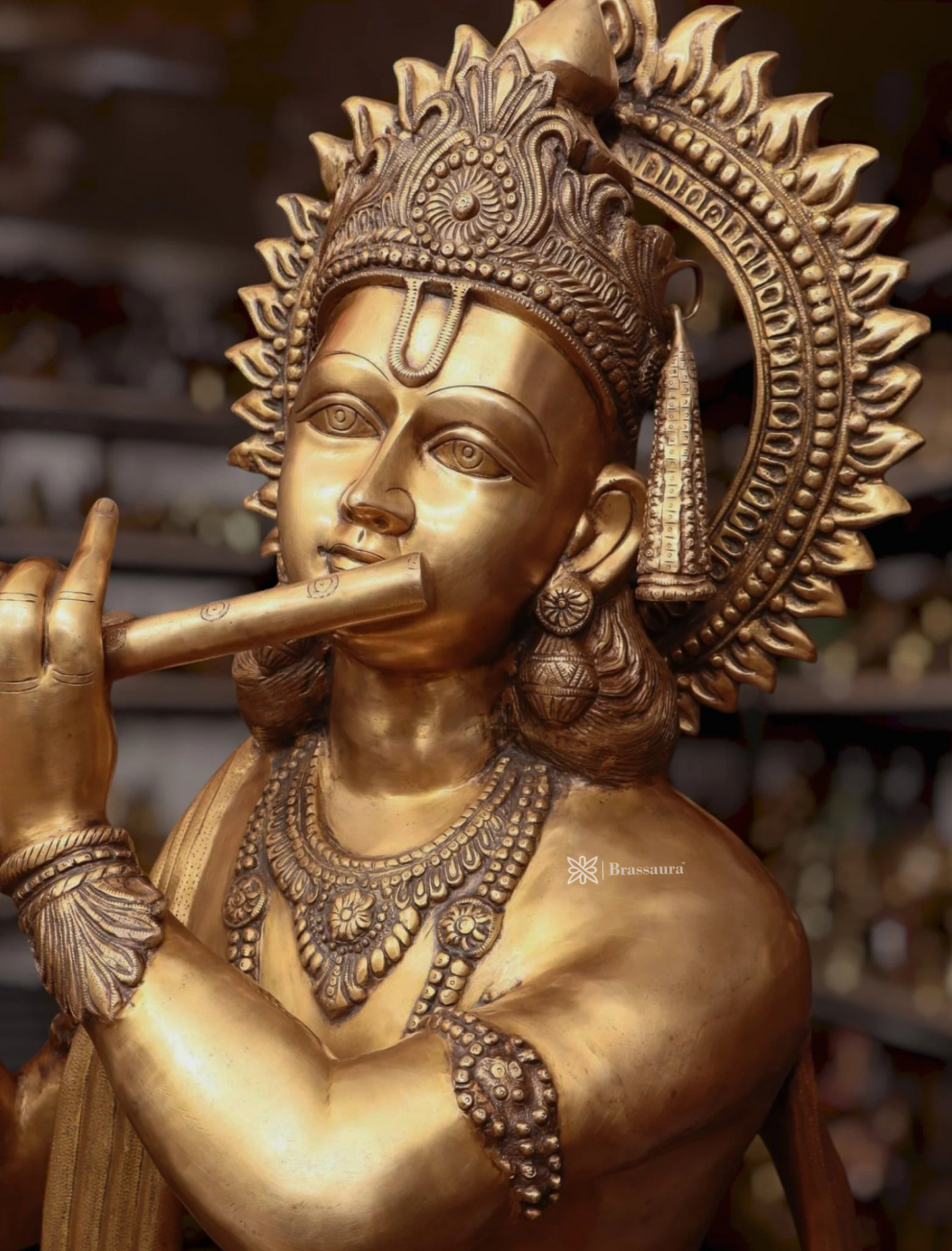Brassaura™ Life-Size Lord Krishna Brass Statue – Height 79" | Weight 148 Kgs