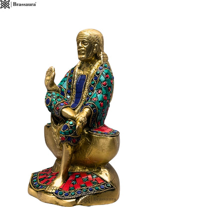 Brass Gem Stone Work Sai Baba Murti for Home and Decor Show Piece for Living Room Height 23 cm Weight 2.4 Kg