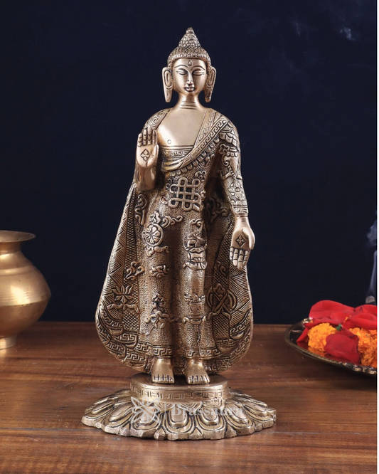 Brassaura™ Pure Brass Standing Buddha Idol – Height 11 Inches, Weight 2.7 Kgs