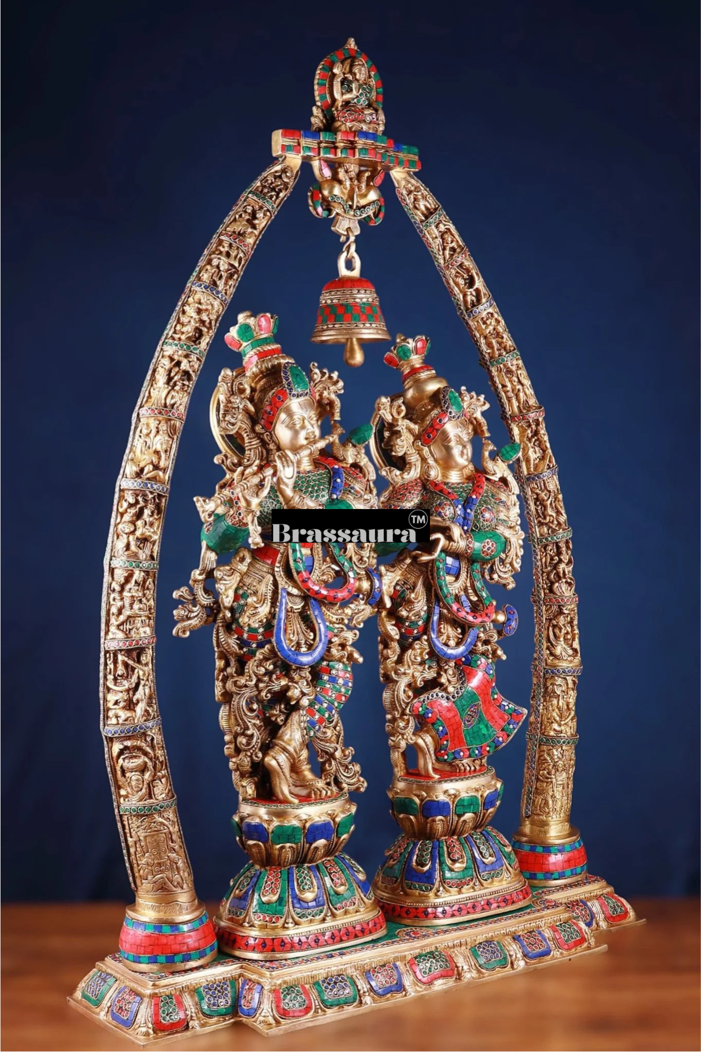 Brassaura™ Brass Radha Krishna Temple Arch with Krishna Leelas & Meenakari – Arch Height 45 Inches & Total Weight 70 Kgs | Elegant Devotional Masterpiece