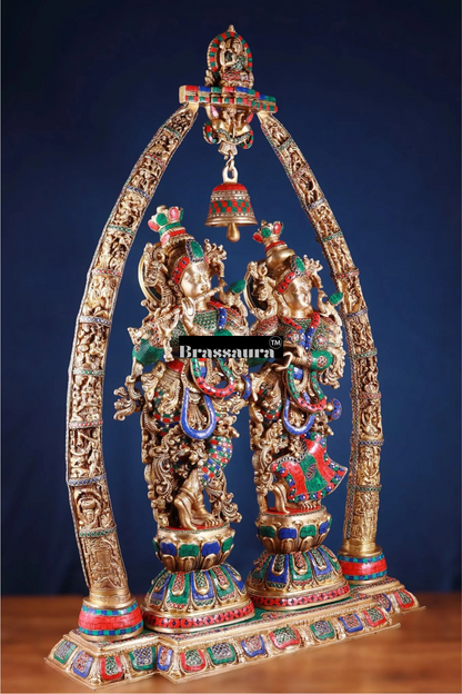 Brassaura™ Brass Radha Krishna Temple Arch with Krishna Leelas & Meenakari – Arch Height 45 Inches & Total Weight 70 Kgs | Elegant Devotional Masterpiece