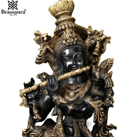 Brassaura® Black Finish Lord Krishna Playing Flute Idol | Pure Brass Handcrafted Murti | Krishna Statue for Home Temple, Living Room & Spiritual Décor | Height 29.5 Inches | Weight 20.3 Kgs