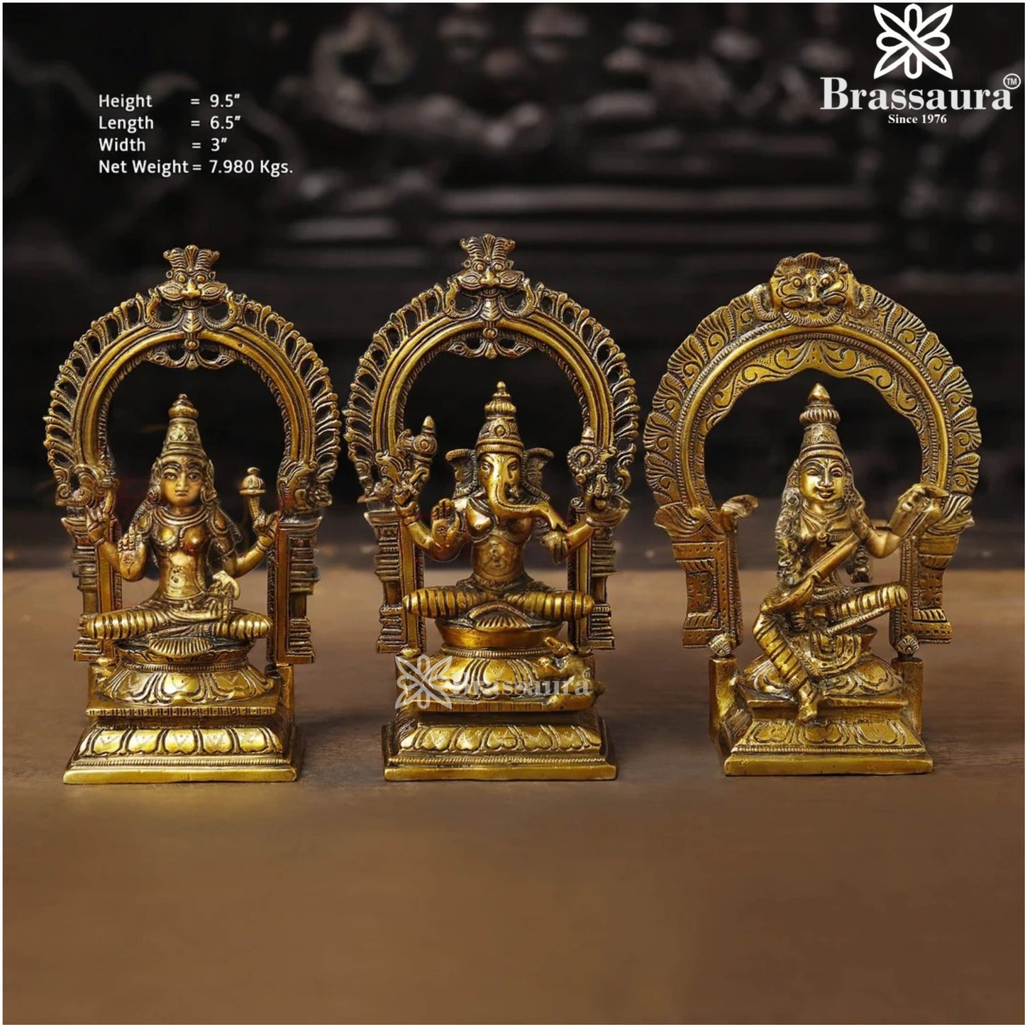 Brass Lakshmi Ganesh Saraswati Murti Weight 7.98 Kg And Height 9.5 Inch