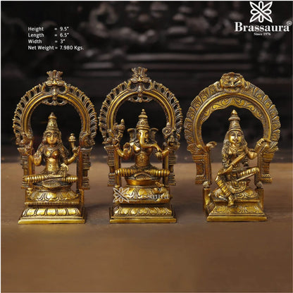 Brass Lakshmi Ganesh Saraswati Murti Weight 7.98 Kg And Height 9.5 Inch