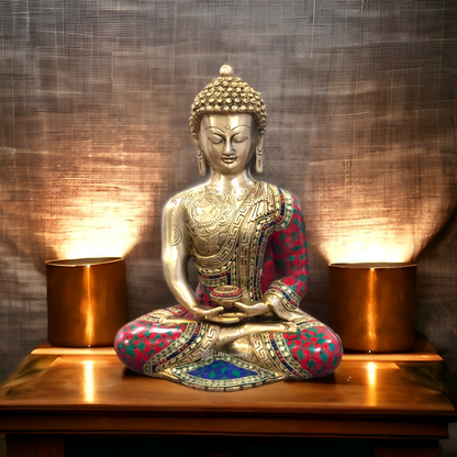 Brassaura™ Brass Meditating Buddha Statue in Dhyaan Mudra with Medicine Bowl – Height 12 Inches | Weight 6.5 Kgs | Meenakari Stonework