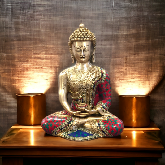 Brassaura™ Brass Meditating Buddha Statue in Dhyaan Mudra with Medicine Bowl – Height 12 Inches | Weight 6.5 Kgs | Meenakari Stonework