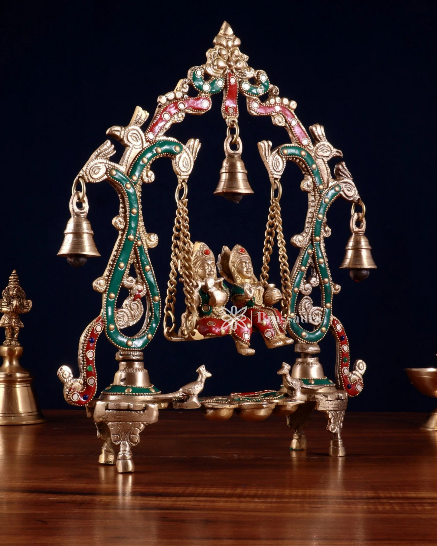 Brassaura™ Brass Radha Krishna Swing Idol with Diyas, Peacocks & Bells – Height 13.5 Inches & Weight 2.4 Kgs | Elegant Devotional Statue