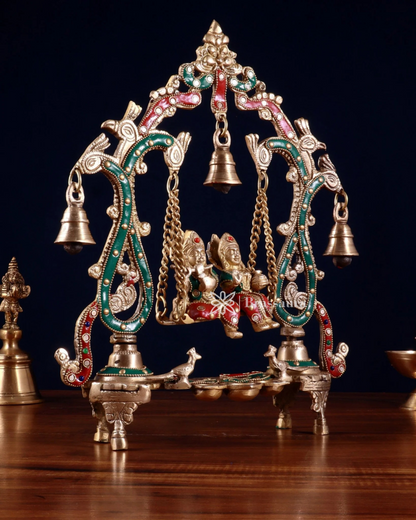 Brassaura™ Brass Radha Krishna Swing Idol with Diyas, Peacocks & Bells – Height 13.5 Inches & Weight 2.4 Kgs | Elegant Devotional Statue