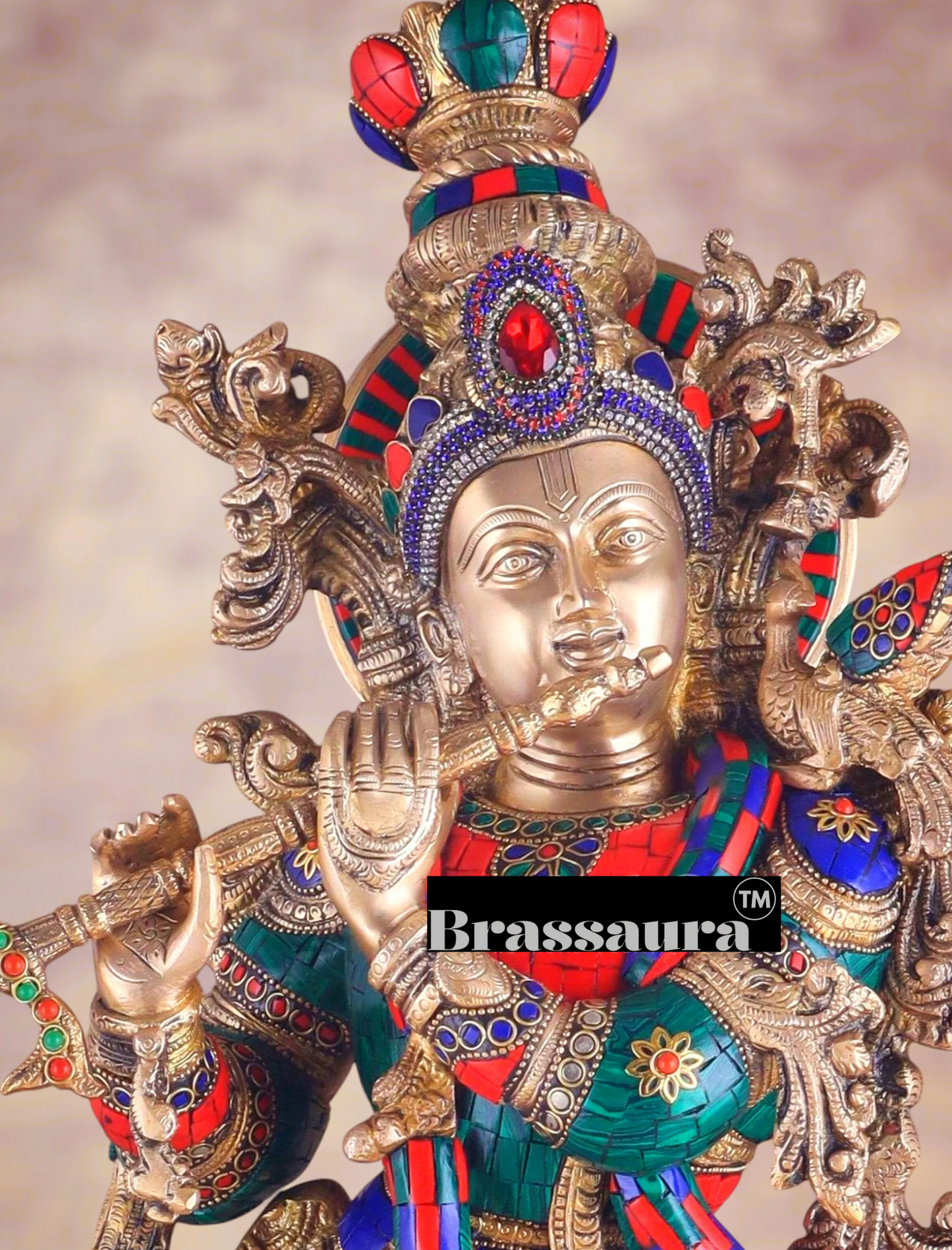 Brassaura™ Pure Brass Lord Krishna Statue with Stonework – Height 30 Inches & Weight 17.5 Kgs