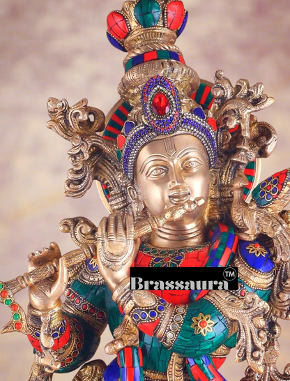 Brassaura™ Pure Brass Lord Krishna Statue with Stonework – Height 30 Inches & Weight 17.5 Kgs