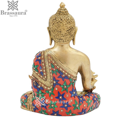 Brass Bhumisprasa Gem Stone Work Multicolored Buddha Weight 4.2 kg & Height 10 Inch