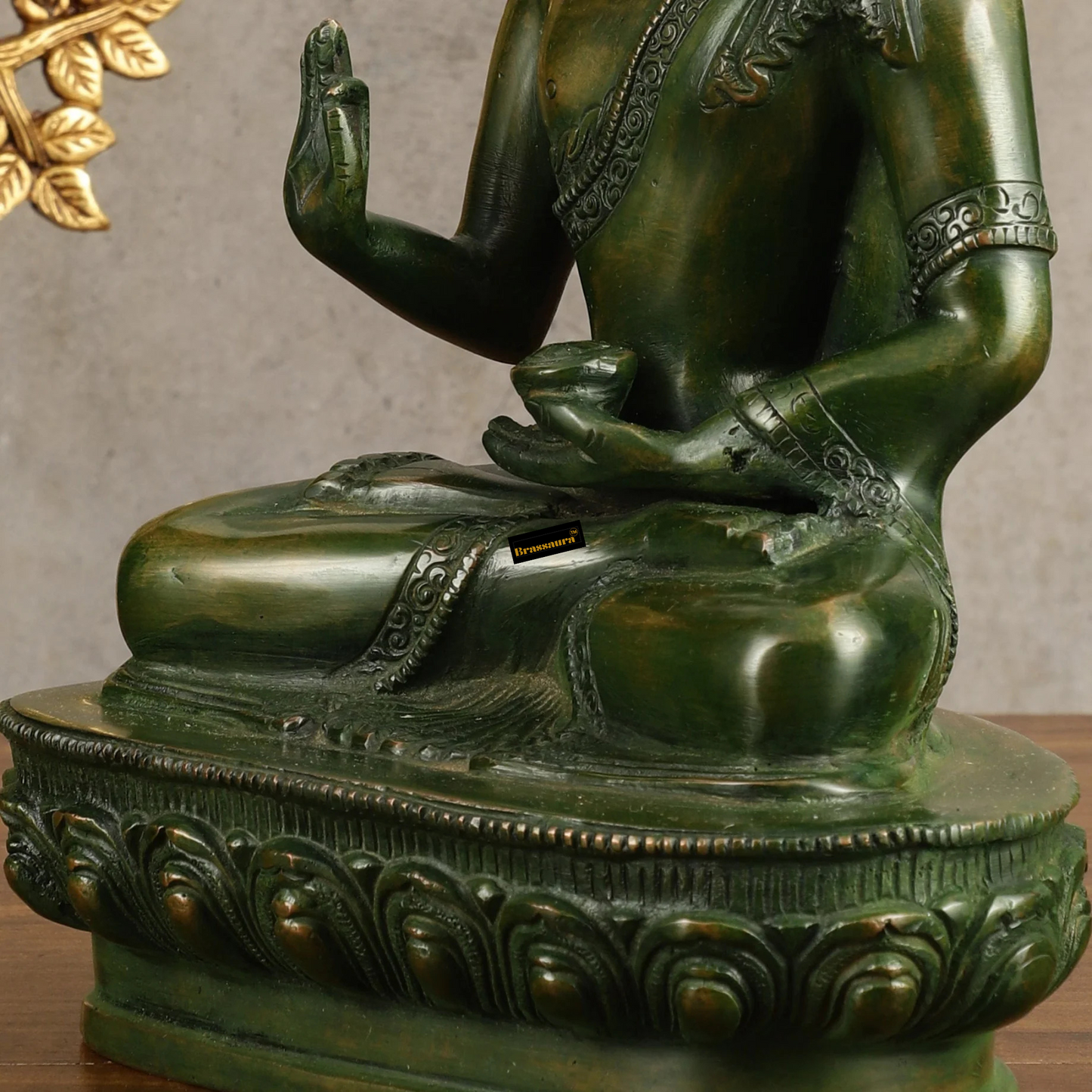 Brassaura™ Pure Brass Blessing Buddha Statue in Green Antique Finish – Height 10.5 Inches, Weight 3.42 Kgs