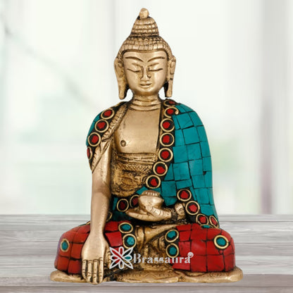 Brass Bhumisprasa Gem Stone Work Buddha Weight 0.7 kg & Height 4.5 Inch