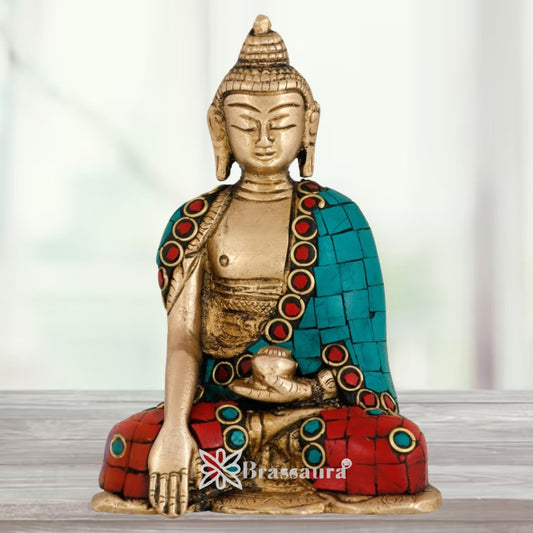 Brass Bhumisprasa Gem Stone Work Buddha Weight 0.7 kg & Height 4.5 Inch