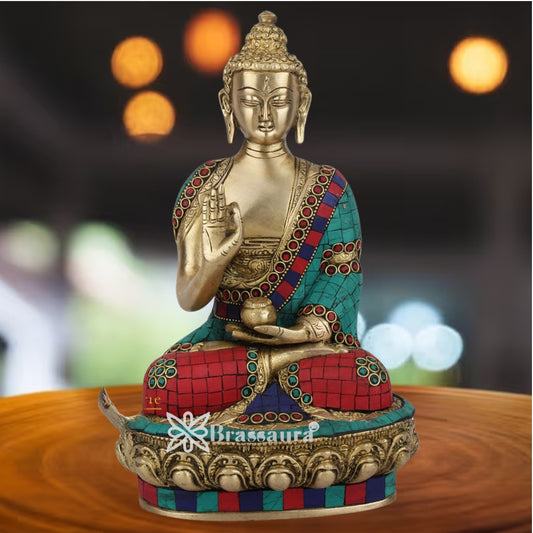 Brass Gem Stone Work Blessing Buddha Weight 3.2 kg & Height 10.5 Inch