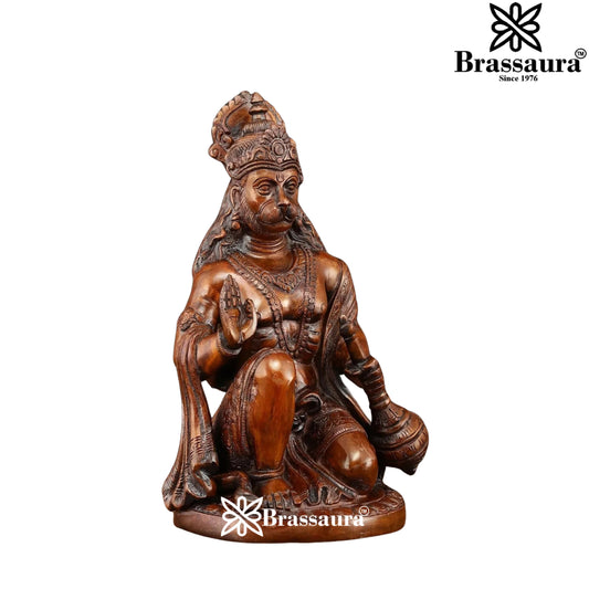 Brassaura® Hanuman Seated Blessing Pose Idol with Golden Brass Finish | Pure Superfine Brass Handcrafted Murti | Brass Statue for Home Temple, Pooja Room | Height 9 Inches | Weight 3.6 Kgs