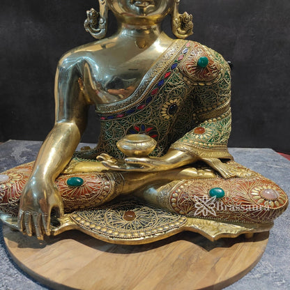Brass Bhumisprasa Gem Stone Work Buddha Weight 10.5 kg & Height 16 Inch