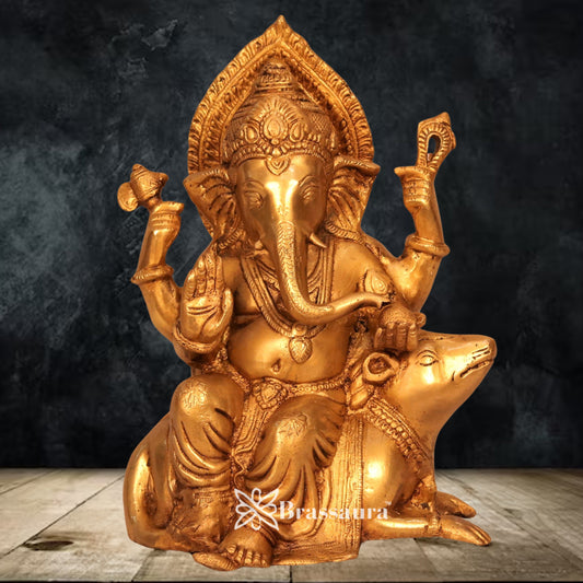Brass Ganesha On Rat Statue Weight 6.1 Kg & Height 11.5 Inch