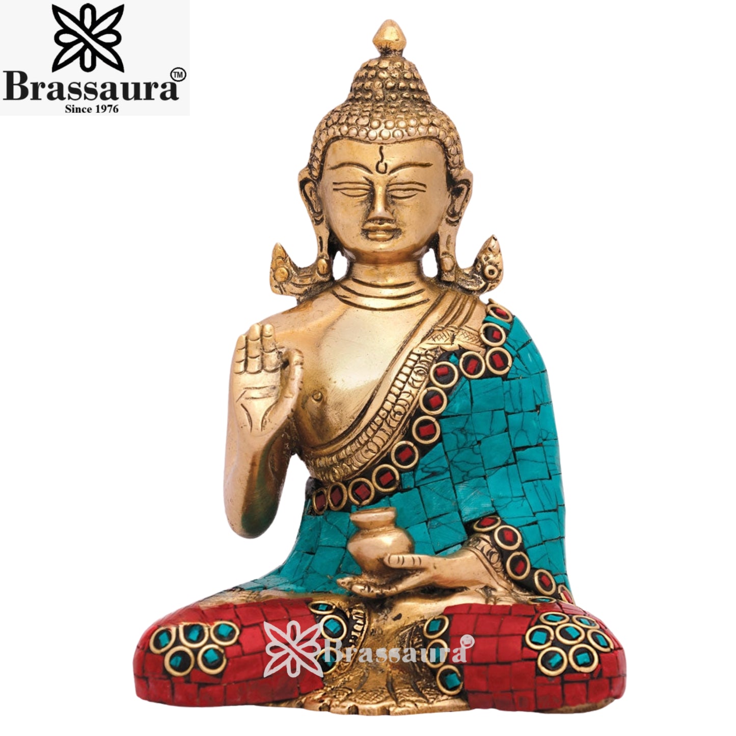 Brass Blessing Gem Stone Work Buddha Weight 1.3 kg & Height 6 Inch