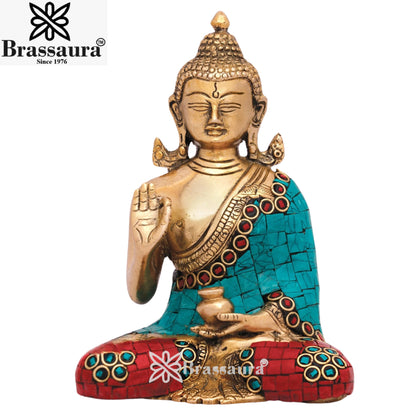 Brass Blessing Gem Stone Work Buddha Weight 1.3 kg & Height 6 Inch