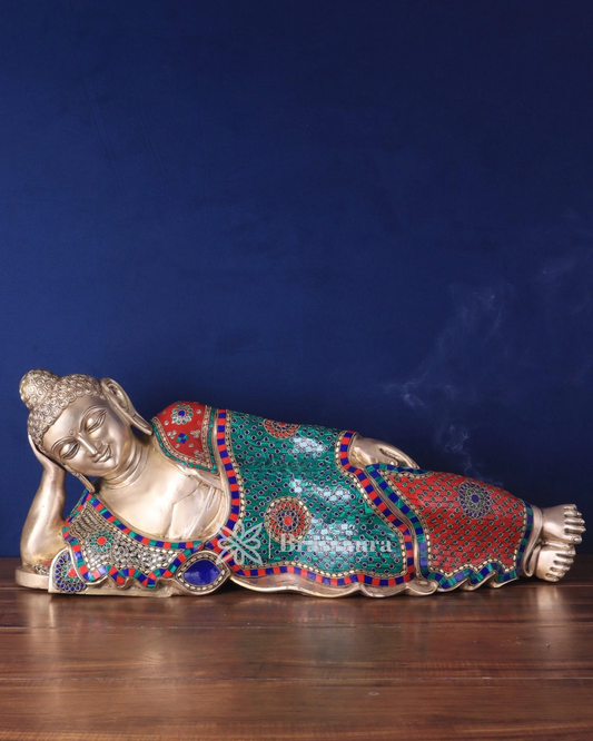 Brassaura™ Brass Resting Buddha Idol with Meenakari Stonework – Height 12 Inches, Weight 18 Kgs