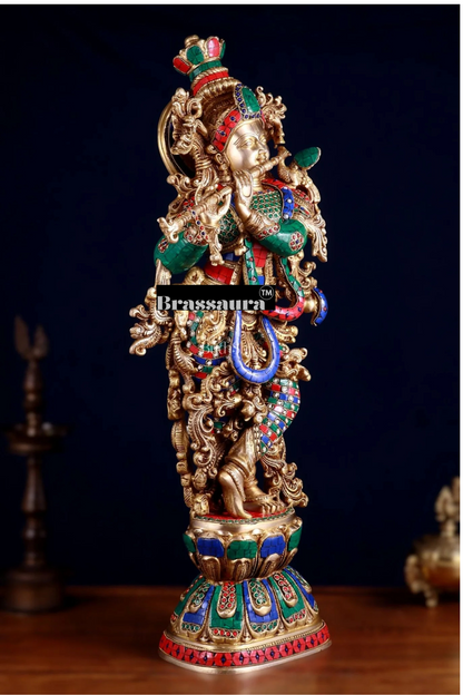 Brassaura™ Brass Krishna Playing Flute Statue with Stonework – Height 29 Inches & Weight 20 Kgs