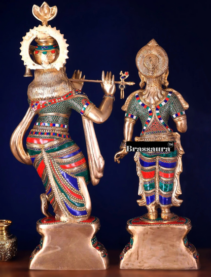 Brassaura™ Handcrafted Brass Radha Krishna Statues with Meenakari – Height 36 Inches & Weight 40 Kgs | Elegant Devotional Masterpiece