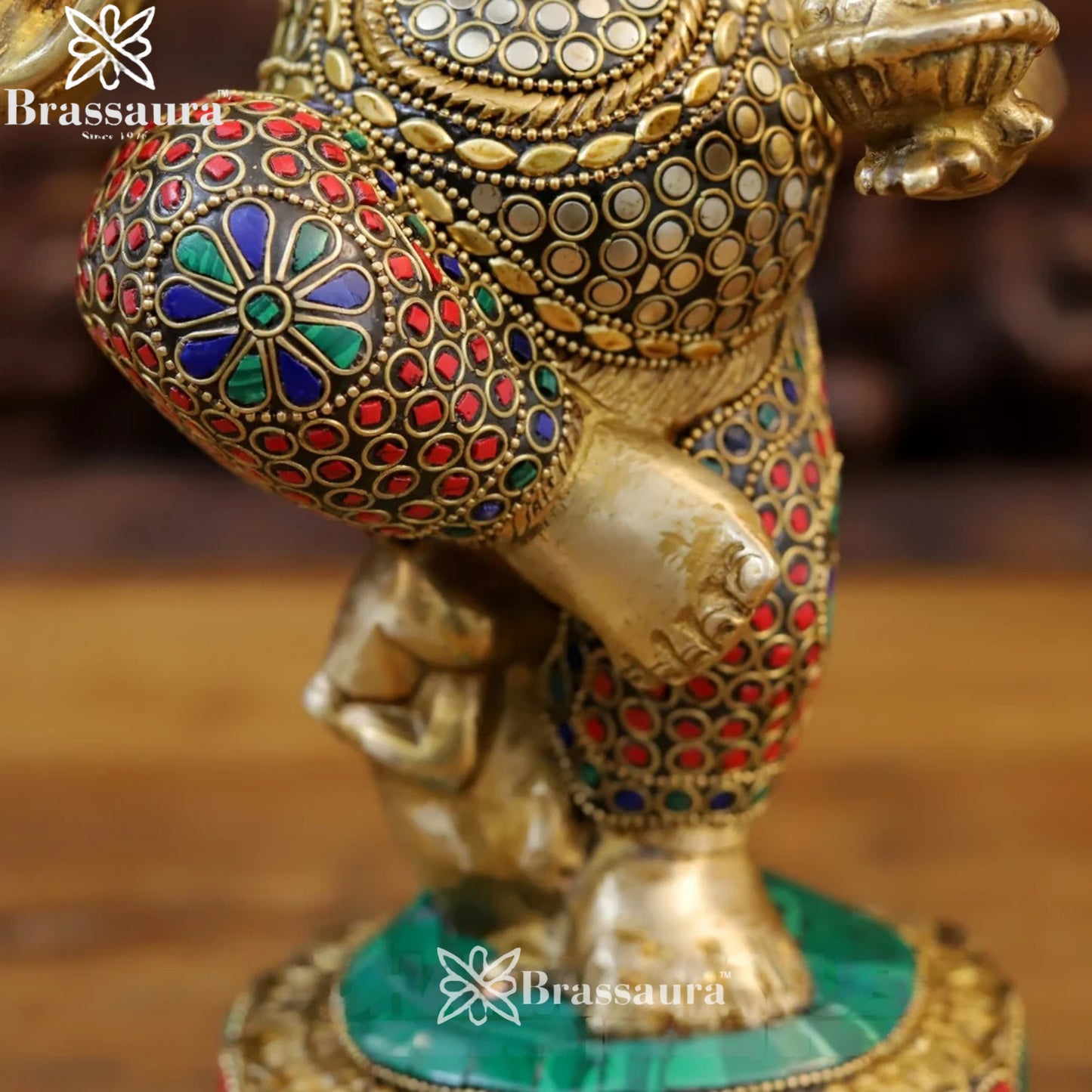 Brass Gem Stone Work Dancing Ganesha Weight 8 Kg & Height 15 Inch