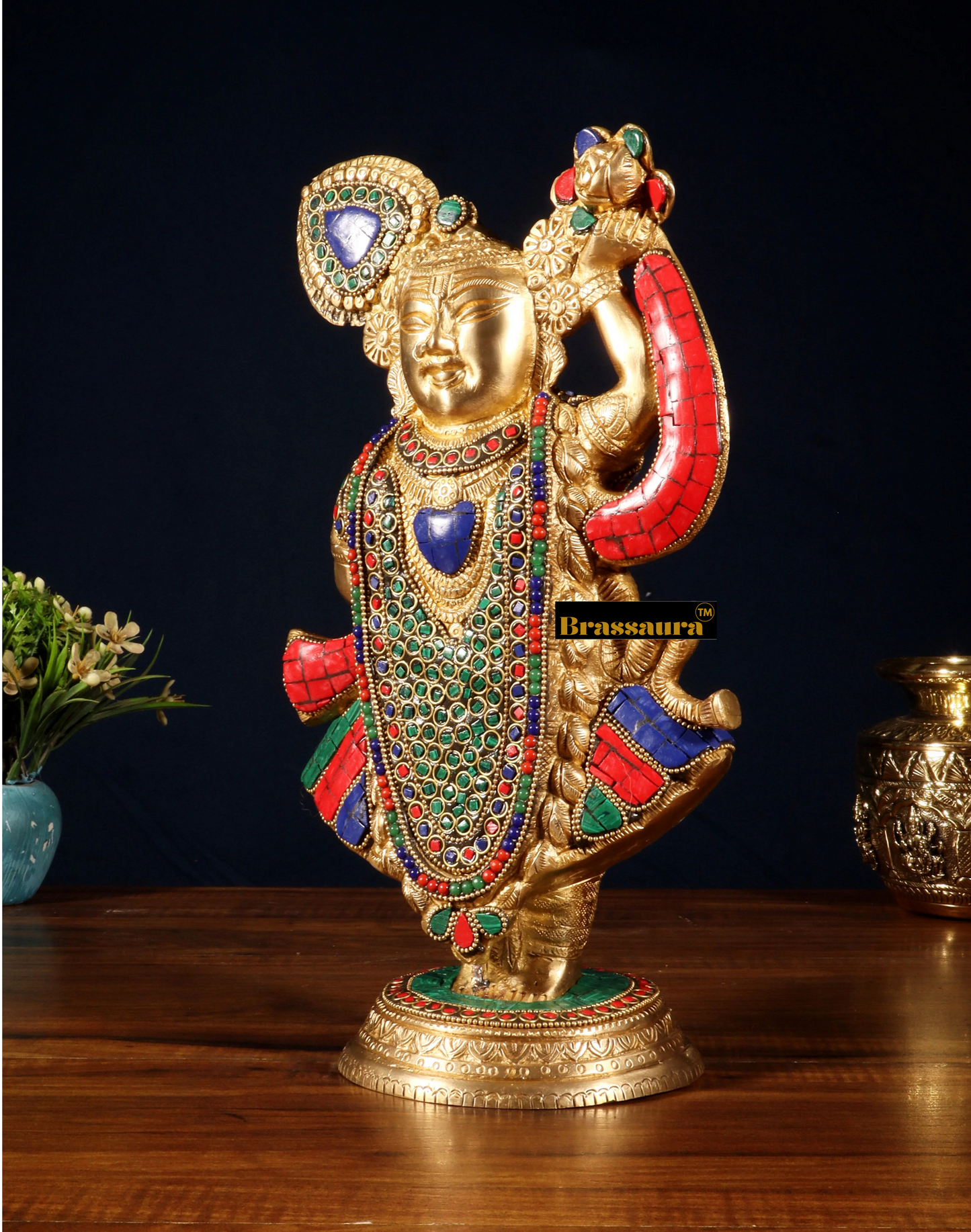 BrassAura™ Brass Lord Shrinath Ji Statue – Golden Finish with Pichwai Meenakari Work | Height 13 Inch | Weight 4.5 Kg