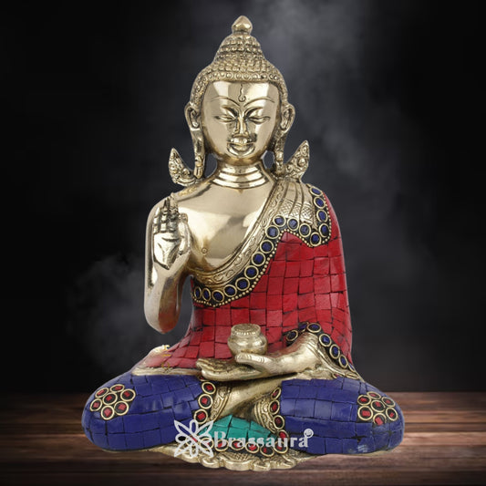 Brass Blessing Gem Stone Work Buddha Weight 7.5 kg & Height 2.4 Inch