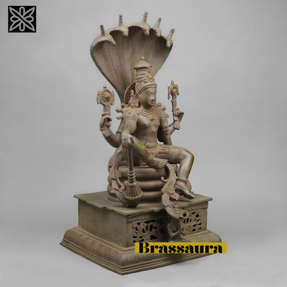Brassaura™ Antique Finish Brass Lord Vishnu Seated on Sheshanaag Statue | 29 Inches Height | 36.64 Kgs Weight | Intricately Crafted