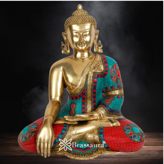 Brass Bhumisprasa Gem Stone Work Buddha Weight 20 kg & Height 22 Inch