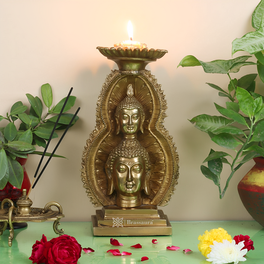 Brassaura™ Brass Buddha Candle Stand – Height 12 Inches | Weight 3.5 Kgs | Home & Meditation Decor
