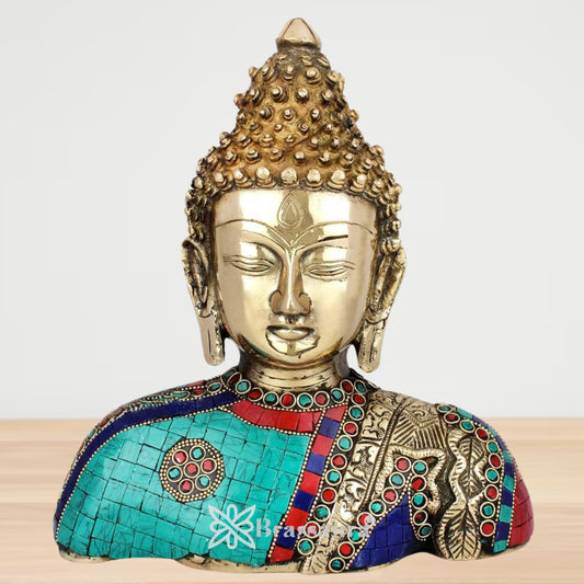 Brass Gem Stone Work Buddha Face Weight 3.4 Kg & Height 10 Inch