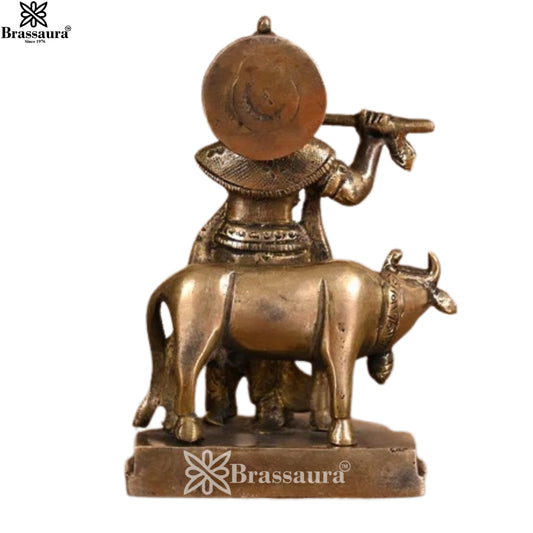 Brassaura® Premium Brass Lord Krishna Playing Flute with Sacred Cow Idol | Handcrafted Brass Krishna Murti for Home Temple, Mandir & Spiritual Décor | Height 5 Inches | Weight 0.64 Kg