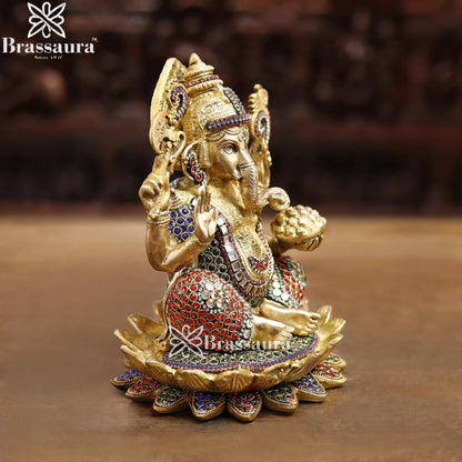Brass Gem Stone Work Ganesha Weight 5.5 Kg & Height 9.5 Inch
