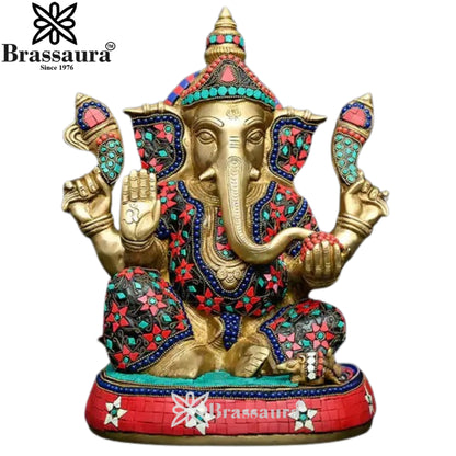 Brass Gem Stone Work Ganesha Statue Weight 11 Kg And Height 13.7 Inch