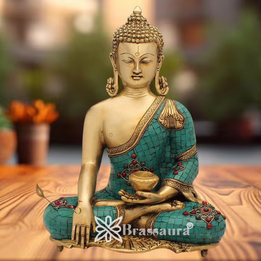 Brass Classic Gem Stone Work Buddha Weight 10.5Kg & Height 16 Inch