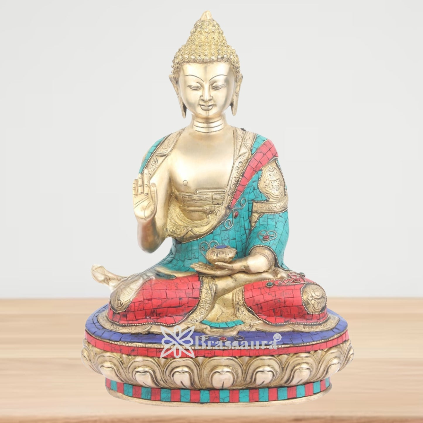 Brass Blessing Gem Stone Work Buddha Weight 11 Kg & Height 18 Inch
