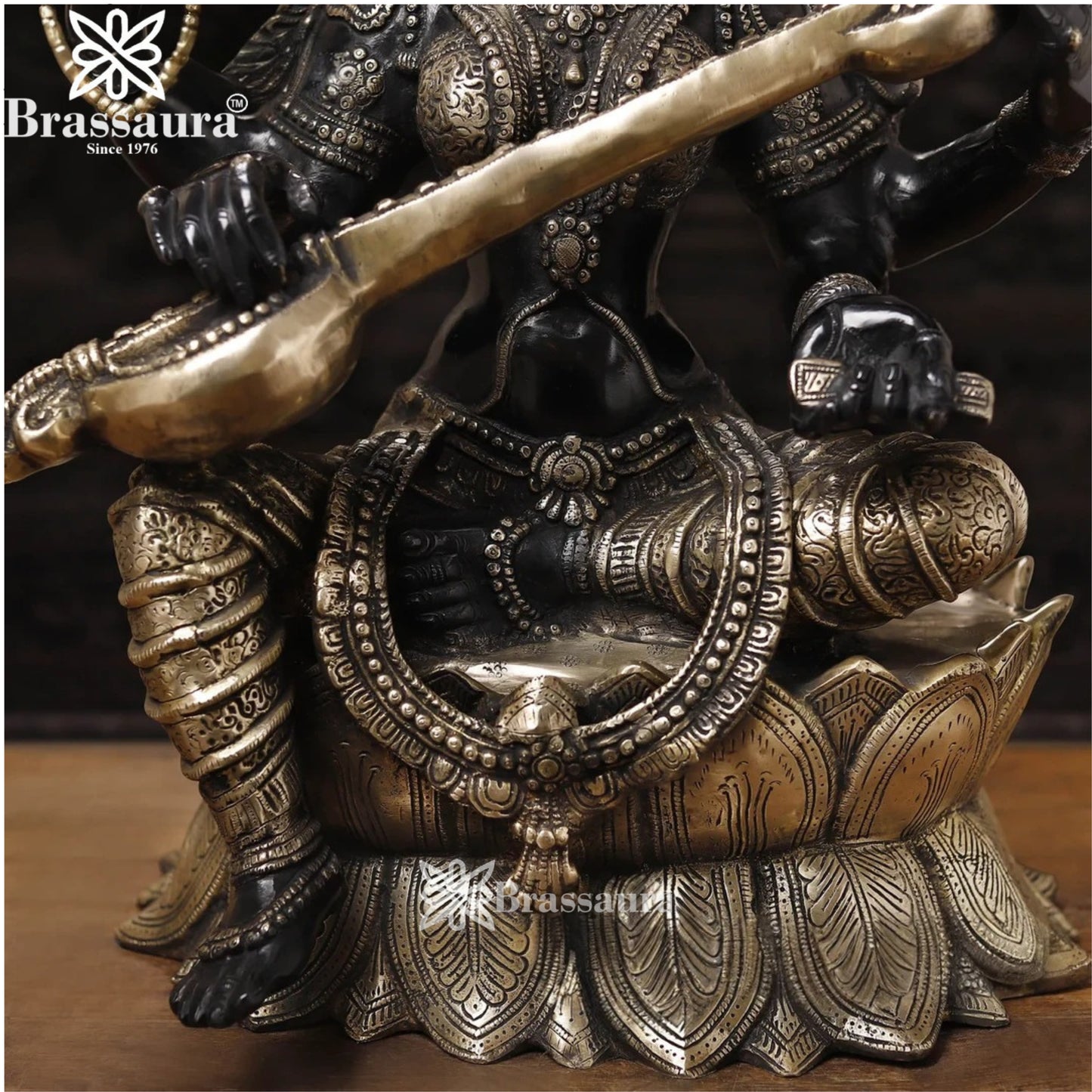 Brassaura™ Brass Saraswati Idol – Height 27 Inches & Weight 36.64 Kgs | Hindu Goddess Statue