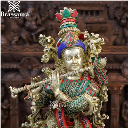 Brass Gem Stone Work Radha Krishna Murti Weight 32.34 Kg And Height 30 Inch