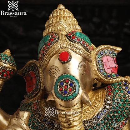 Brass Gem Stone Work Dancing Ganesha Weight 22.9 Kg & Height 24 Inch