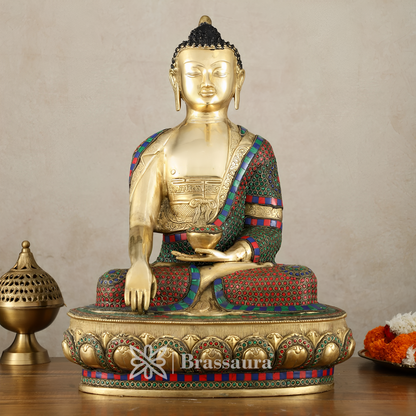 Brassaura™ Brass Buddha Statue in Bhoomisparsha Mudra with Medicine Bowl – Height 21.5 Inches, Weight 22 Kgs