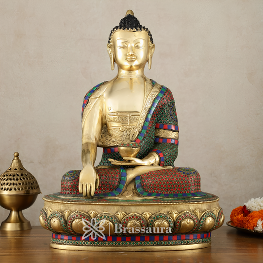 Brassaura™ Brass Buddha Statue in Bhoomisparsha Mudra with Medicine Bowl – Height 21.5 Inches, Weight 22 Kgs