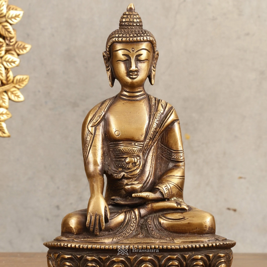 Brassaura™ Pure Brass Buddha Statue in Antique Burnt Finish – Height 8 Inches, Weight 1.66 Kgs