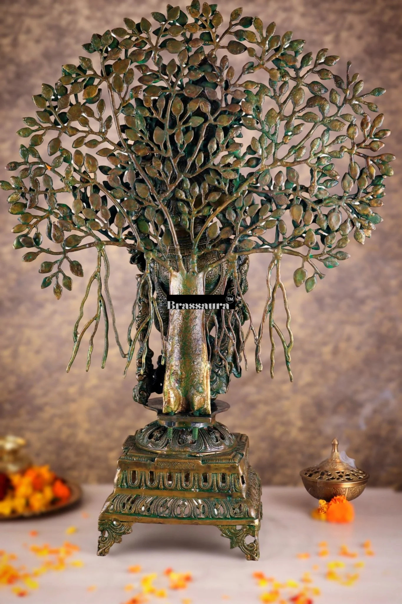 Brassaura™ Krishna Muralidhari Brass Idol – Height 35" | Weight 31 Kgs | Antique Gold Finish