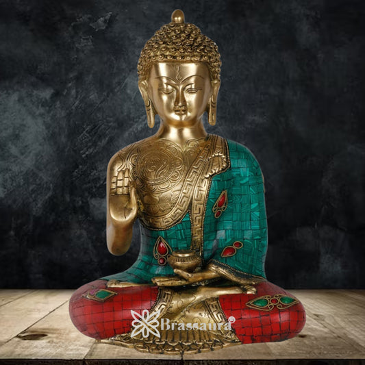 Brass Blessing Gem Stone Work Buddha Weight 6.5 kg & Height 12 Inch