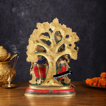 Brassaura™ Pure Superfine Brass Radha Krishna Idol Pair with Kalpavriksha & Peacock – Height 14 Inches & Weight 8.5 Kgs | Elegant Devotional Statue