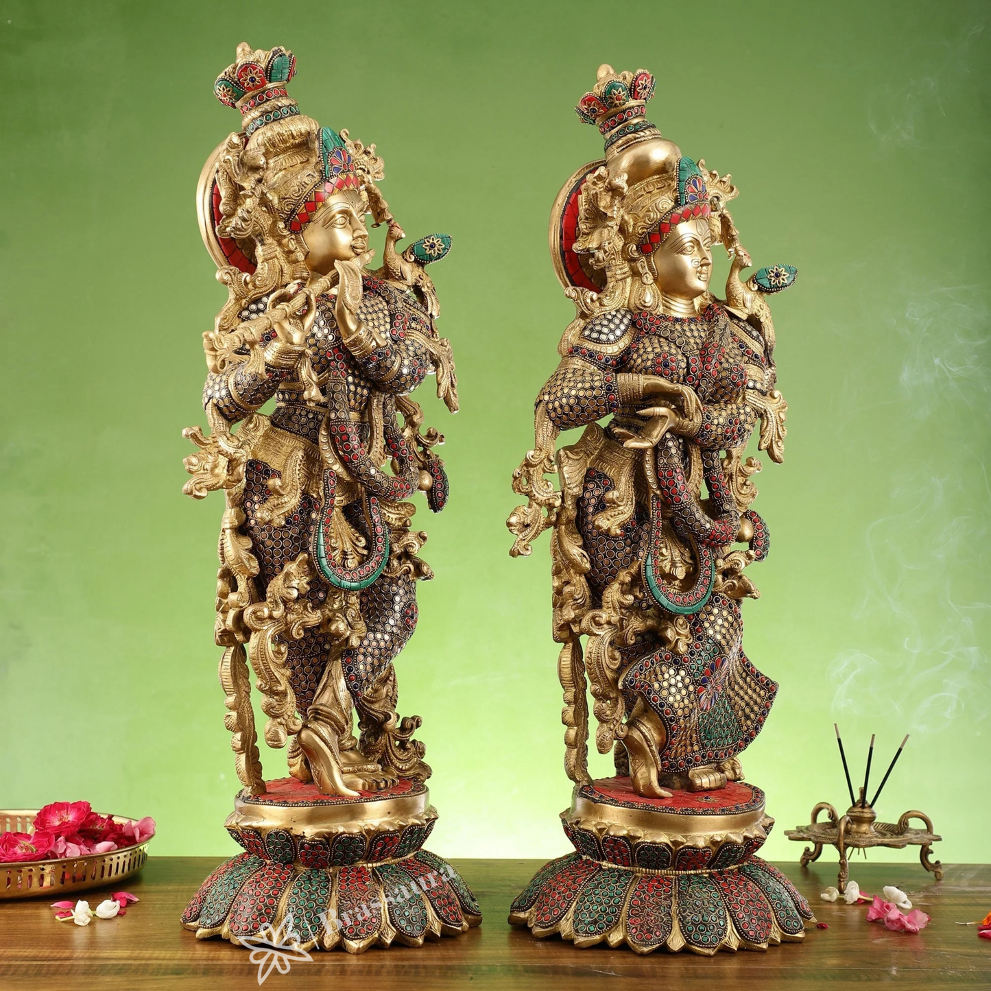 Brassaura™ Handcrafted Radha Krishna Brass Idols – 26 Inch Height, 40 Kg | South Indian Style with Lotus Base